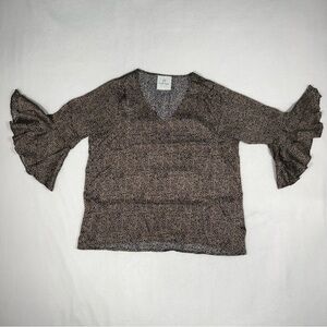 LaRoque 100% Silk Blouse Womens Large Polka Dot Ruffle Bell Sleeve V Neck Top